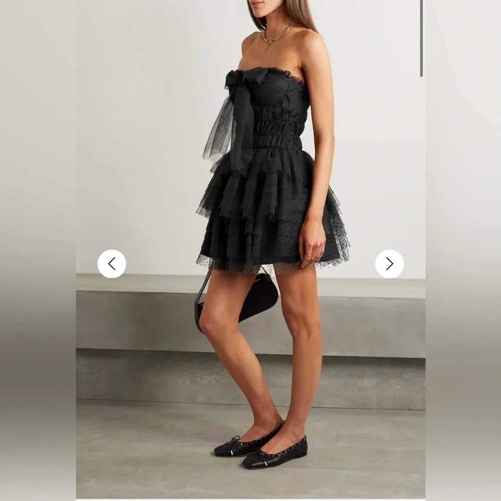 NWT LoveShackFancy Faron bow-detailed tiered flocked tulle mini dress Size 4